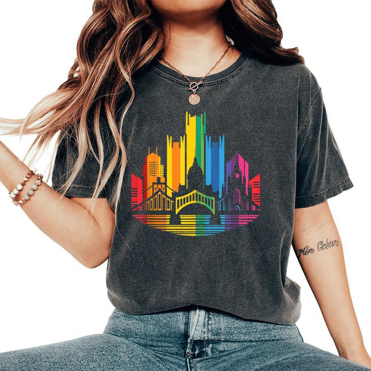 Retro Pittsburgh Skyline Rainbow Lgbt Lesbian Gay Pride Women's Oversized Comfort T-Shirt
