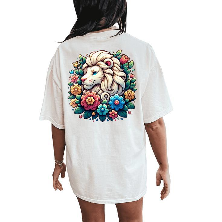 Floral Lion Head With Vintage Flowers Cartoon Animal Lover Women's Oversized Comfort T-Shirt Back Print