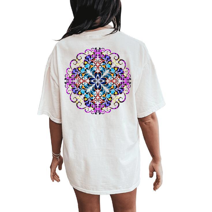 Mandala Stained Glass Graphic With Bright Rainbow Of Colors Women's Oversized Comfort T-Shirt Back Print