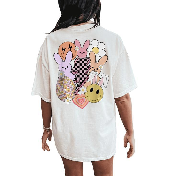 Retro Groovy Easter Vibes Smile Face Rabbit Bunny Girl Women's Oversized Comfort T-Shirt Back Print