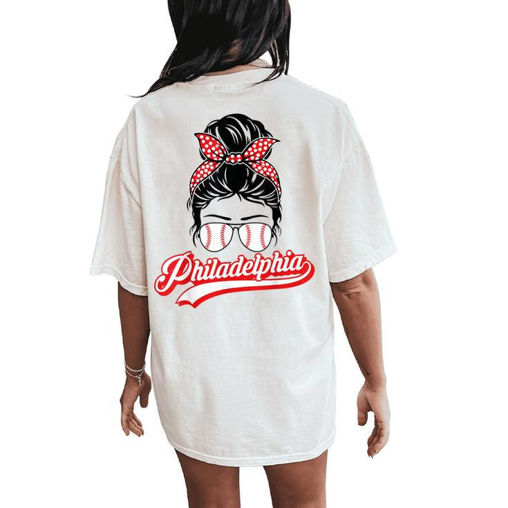 Vintage Philly Baseball Leopard Messy Bun Philadelphia Fans Women's Oversized Comfort T-Shirt Back Print