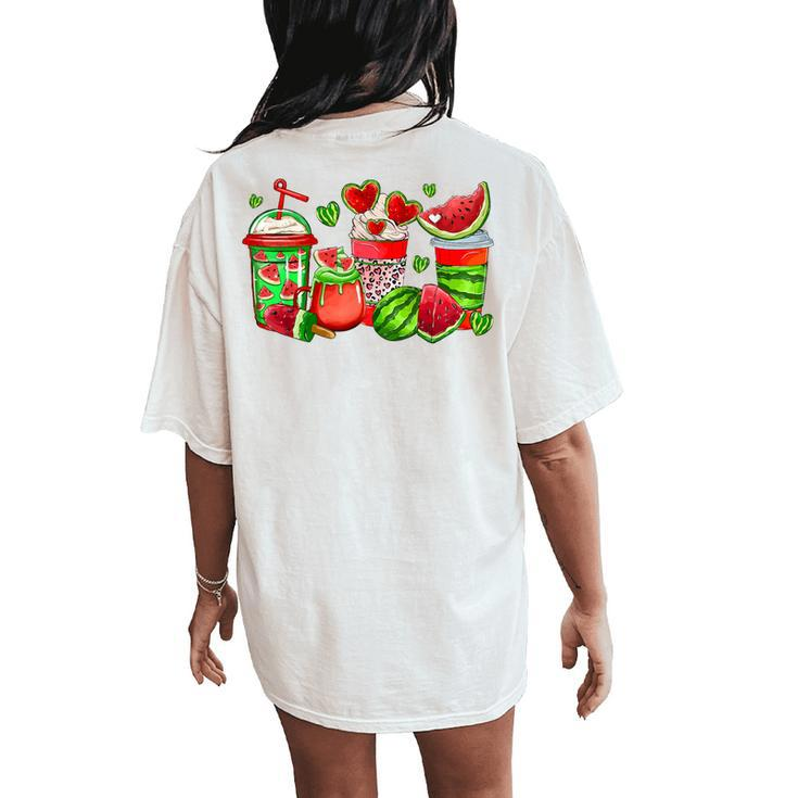 Cute Cups Of Iced Coffee Watermelon Tropical Summer Vacation Women's Oversized Comfort T-Shirt Back Print