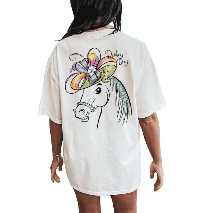 Cute Horse 150Th Derby Day 2024 Horse Racing Fascinator Hat Women's Oversized Comfort T-Shirt Back Print