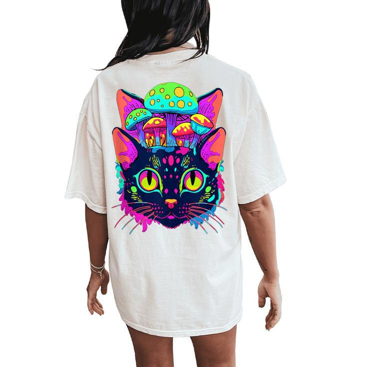 Edm Rave Trippy Cat Mushroom Psychedelic Festival Women's Oversized Comfort T-Shirt Back Print