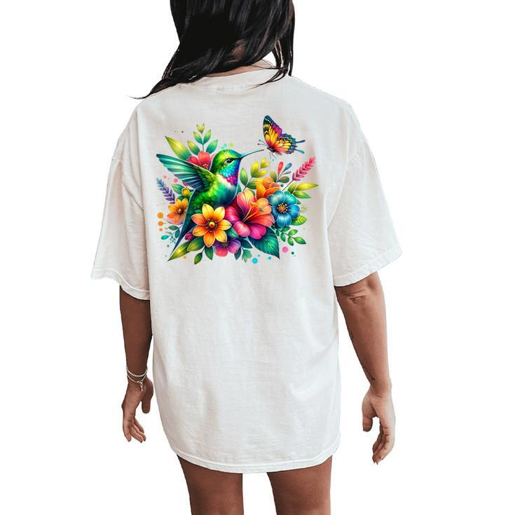 Floral Watercolor Hummingbird & Butterfly Women's Oversized Comfort T-Shirt Back Print