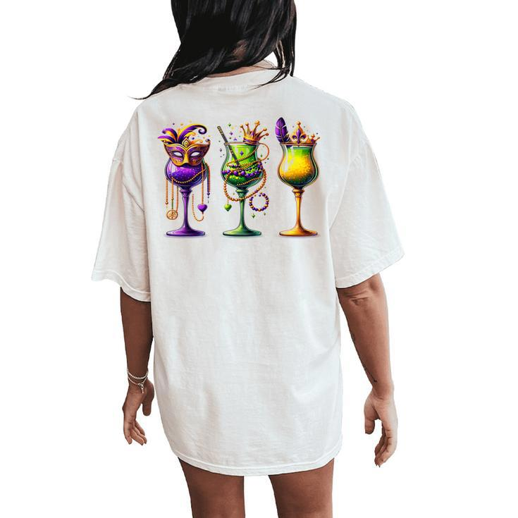 Mardi Gras Glass Of Wine Drinking Wine Festival Parade Women's Oversized Comfort T-Shirt Back Print