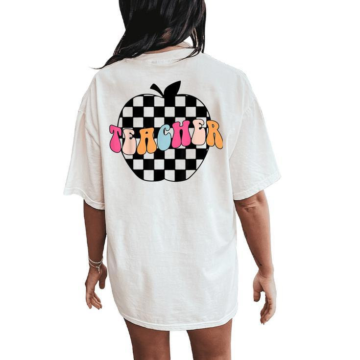 Retro Black And White Checkered Apple Teacher Women's Oversized Comfort T-Shirt Back Print