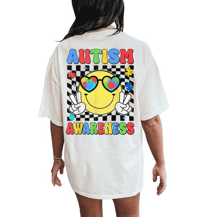 Retro Groovy Autism Awareness Hippie Smile Face Boy Girl Kid Women's Oversized Comfort T-Shirt Back Print