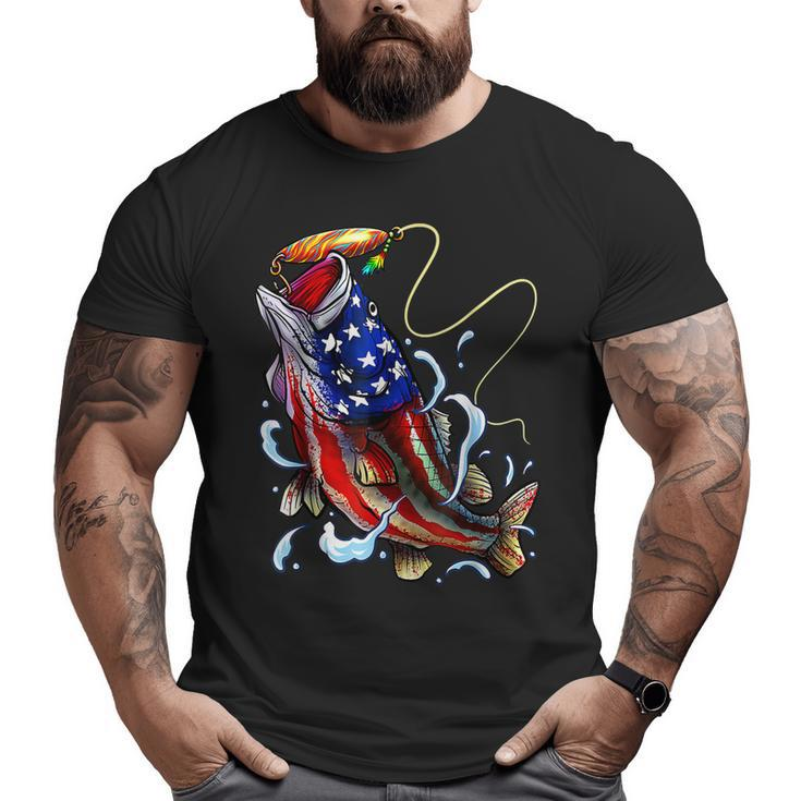 Bass Fishing Fish American Flag Dad Father Fourth Of July Big and Tall Men T-shirt