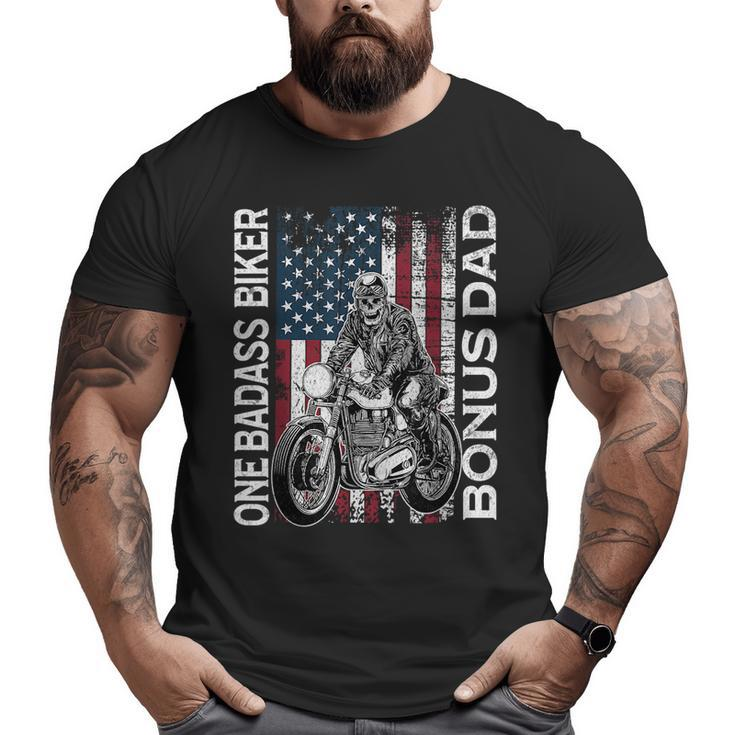 One Badass Biker Bonus Dad Grunge American Flag Skeleton  For Dad Big and Tall Men T-shirt