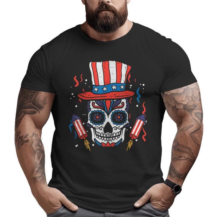 Sugar Skull Us Flag Hat Fourth 4Th Of July Patriotic Mexican Big and Tall Men T-shirt