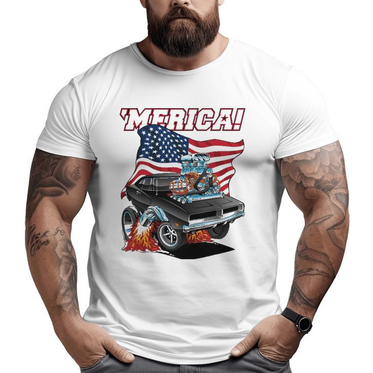 Merica Patriotic Classic Hot Rod Muscle Car Usa Flag Big and Tall Men T-shirt