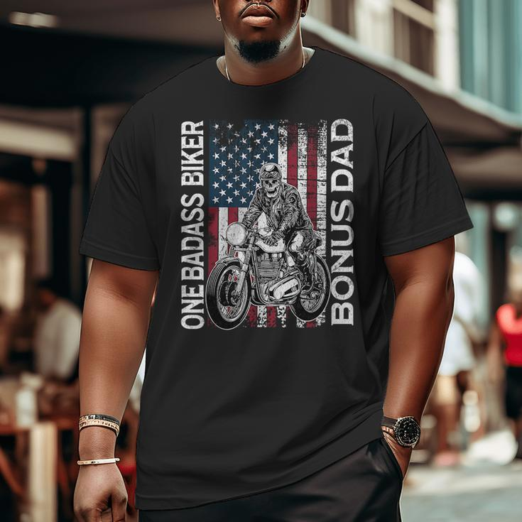 One Badass Biker Bonus Dad Grunge American Flag Skeleton For Dad Big and Tall Men T-shirt