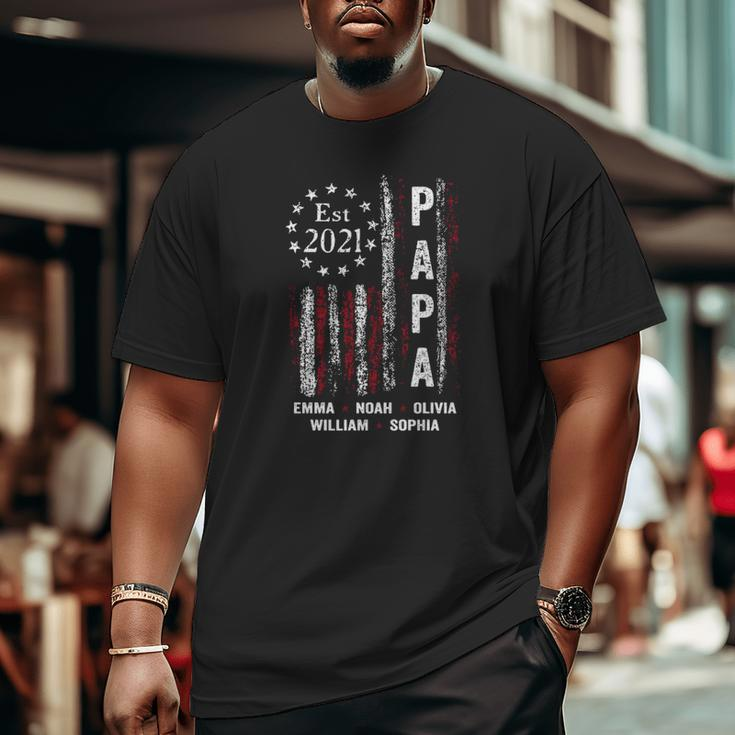Papa Est 2021 Emma Noah Olivia William Sophia Vintage American Flag Big and Tall Men T-shirt