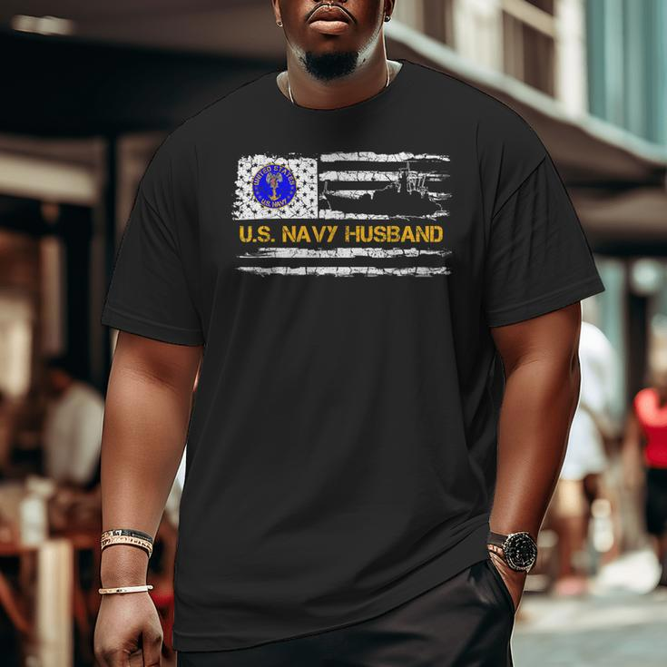 Vintage American Flag Proud Us Navy Husband Veteran Military Big and Tall Men T-shirt