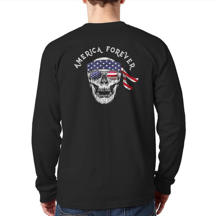 America Forever Patriotic Skull American Flag Sunglasses Back Print Long Sleeve T-shirt
