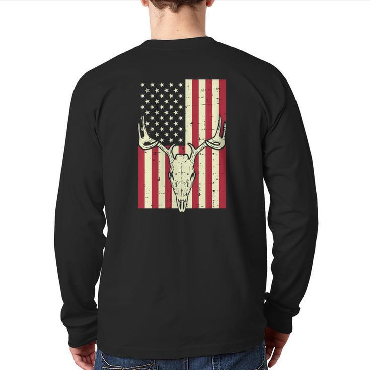American Flag Deer Skull Vintage Hunting Patriotic Hunt Dad Back Print Long Sleeve T-shirt