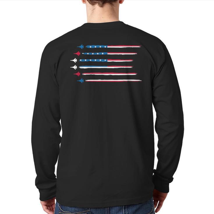 American Flag Military Jet Plane Aviation Back Print Long Sleeve T-shirt