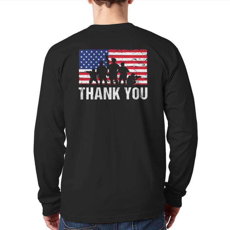 American Flag Soldiers Usa Thank You Veterans Proud Veteran Back Print Long Sleeve T-shirt