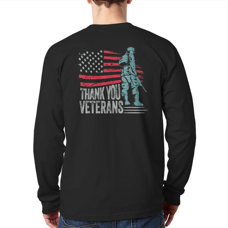 American Flag Thank You Veterans Proud Veteran Back Print Long Sleeve T-shirt