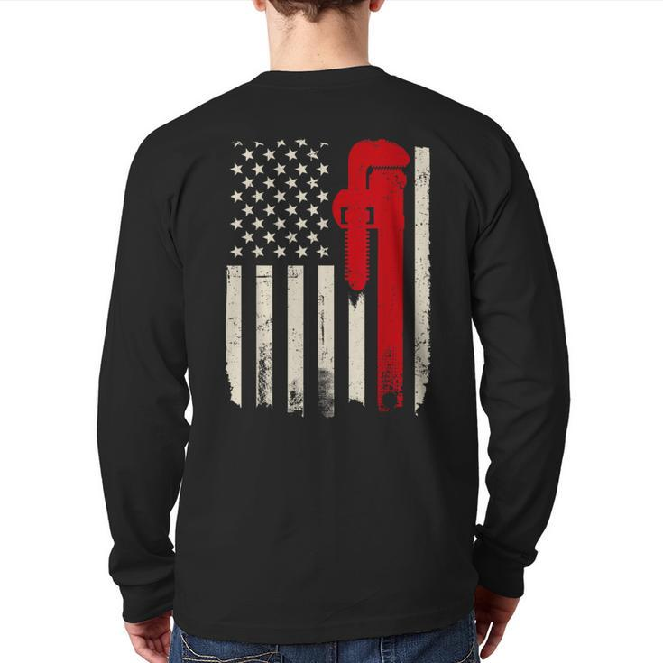 American Plumber Flag Patriotic Plumbing Wrench Pipefitter Back Print Long Sleeve T-shirt