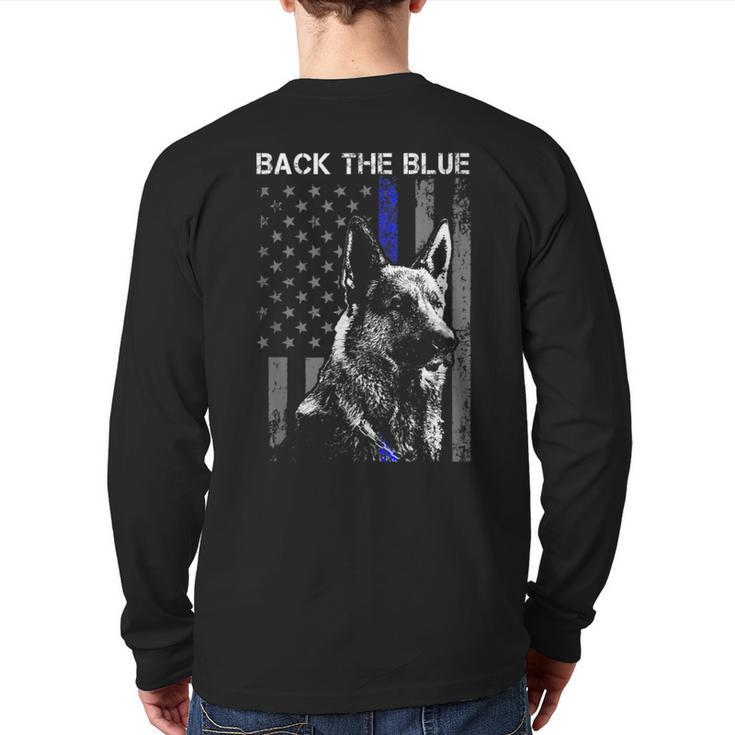 Back The Blue Thin Blue Line Flag K-9 German Shepherd Police Back Print Long Sleeve T-shirt