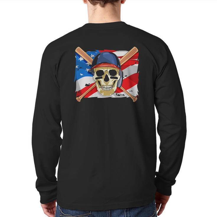 Baseball Skull 4Th Of July American Player Usa Flag Back Print Long Sleeve T-shirt