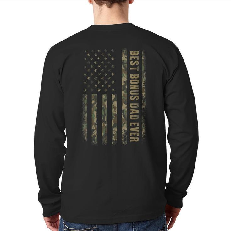 Best Bonus Dad Ever Camouflage American Flag Father's Day Back Print Long Sleeve T-shirt