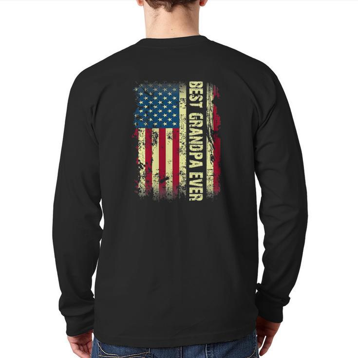 Best Grandpa Ever Vintage American Flag Fathers Day Tee Back Print Long Sleeve T-shirt