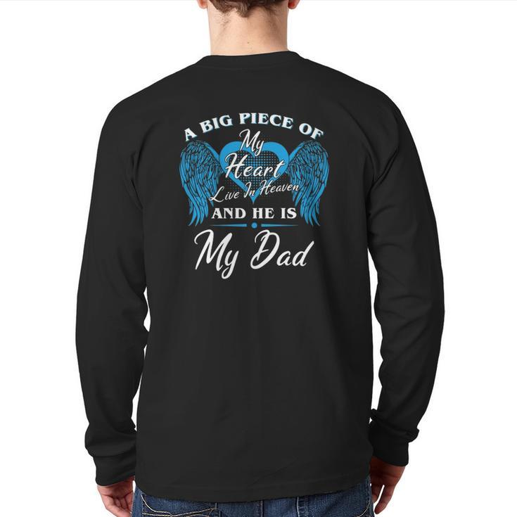 A Big Piece Of My Heart Live In Heaven And He Is My Dad Memorial Fathers Blue Angel Back Print Long Sleeve T-shirt