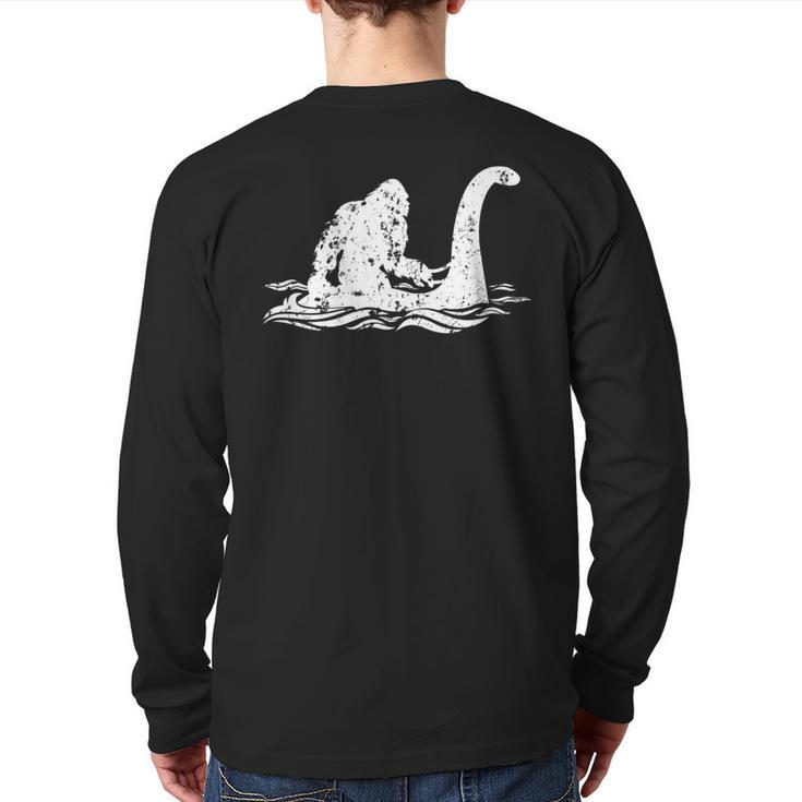 Bigfoot Riding On Nessie Lochness Monster Nessie Yeti Hunter Back Print Long Sleeve T-shirt