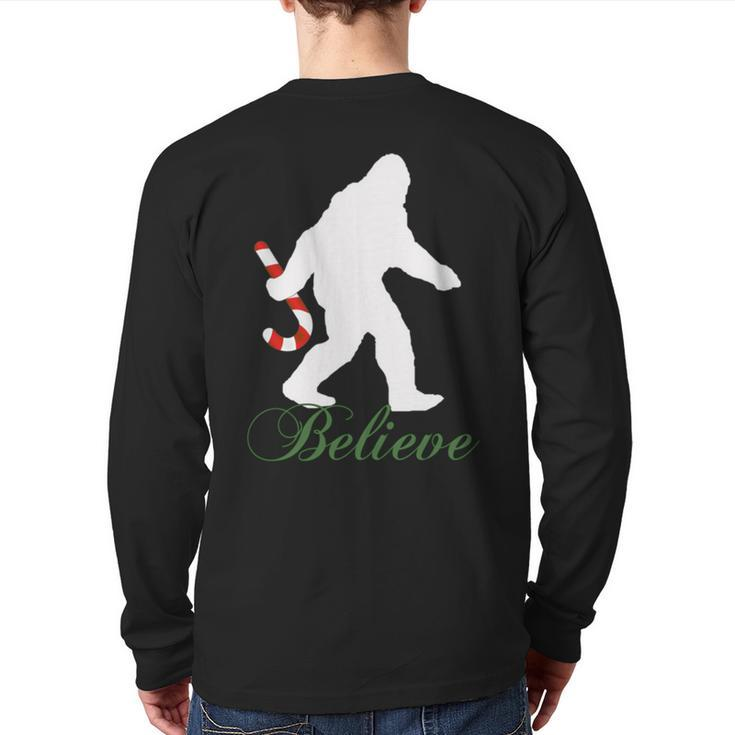 Bigfoot Sasquatch Yeti Believe Candy Cane Christmas Pajamas Back Print Long Sleeve T-shirt