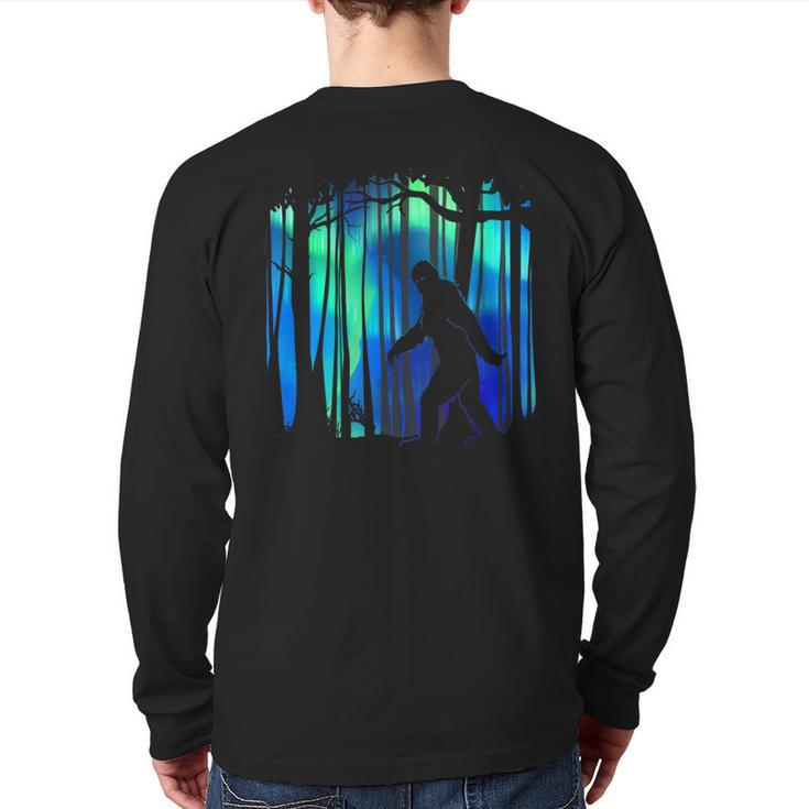 Bigfoot Walking Northern Lights Aurora Forest Back Print Long Sleeve T-shirt