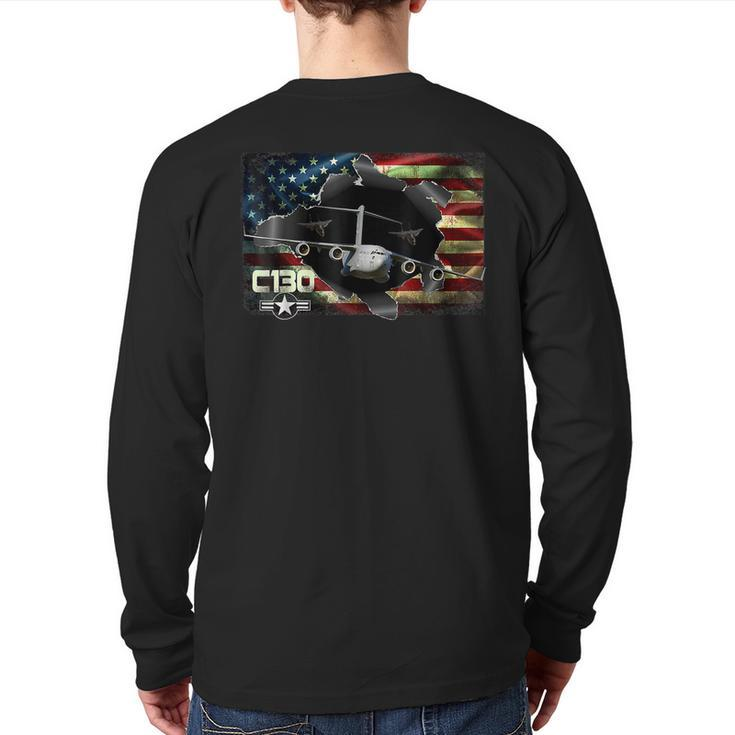 C130 Hercules Air Force Military Veteran Pride Us Flagusaf Back Print Long Sleeve T-shirt