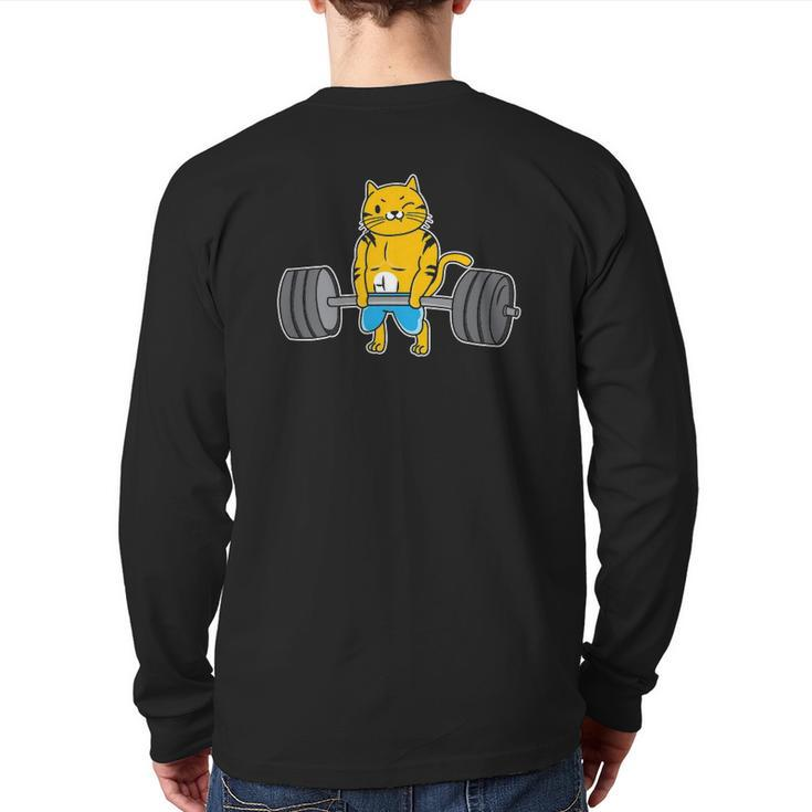 Cat Deadlift Powerlifting Weightlifter Cat Lover Back Print Long Sleeve T-shirt