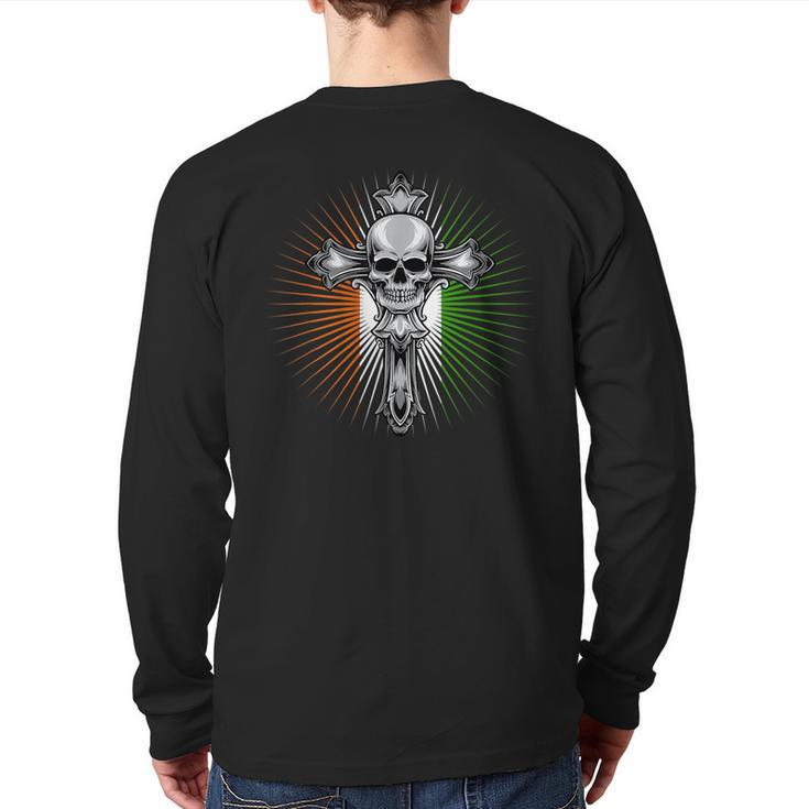 Celtic Cross Irish Pride Vintage Skull Ireland Flag Back Print Long Sleeve T-shirt