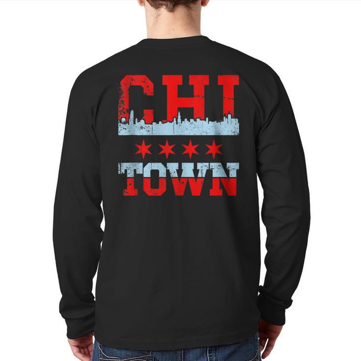Chi Town Chicago Souvenir Skyline Flag Back Print Long Sleeve T-shirt