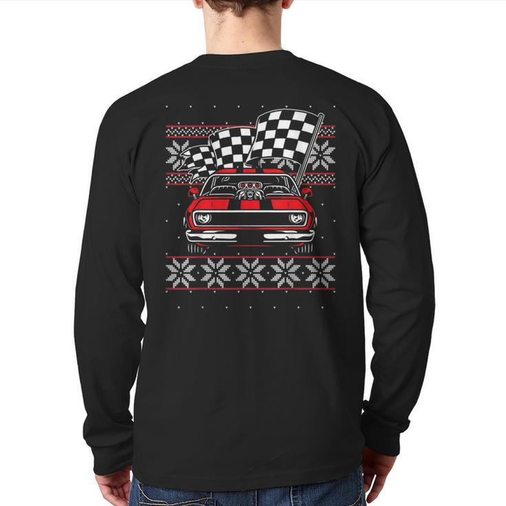 Classic Muscle Car Guys Matching Ugly Christmas Car Racing Back Print Long Sleeve T-shirt