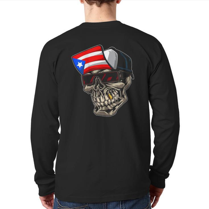 Cool Puerto Rican Skull With Cap And Puerto Rico Flag Back Print Long Sleeve T-shirt