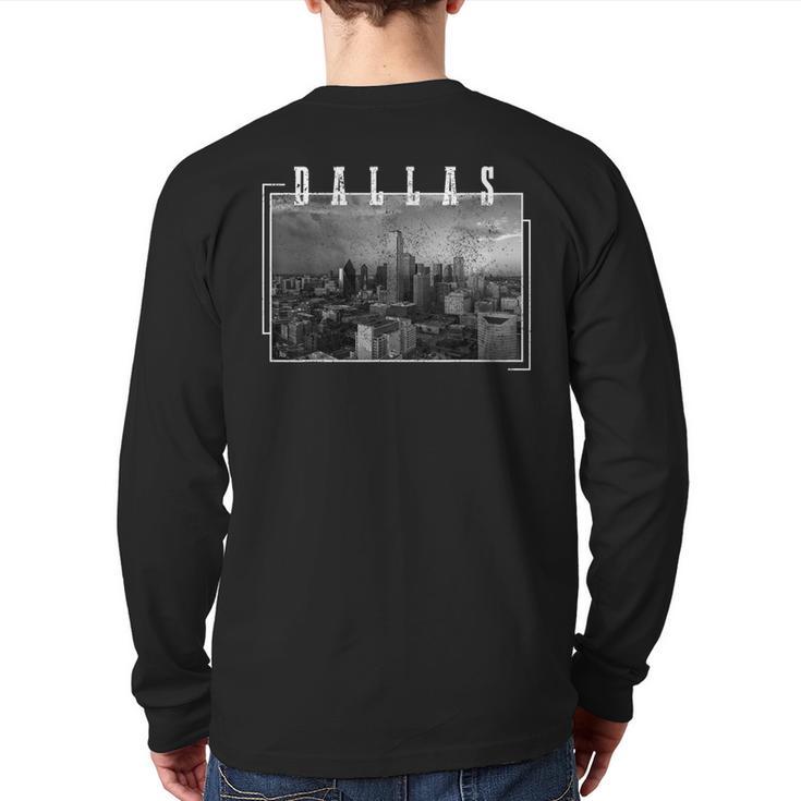 Dallas Skyline Texas Pride Vintage Black & White Photograph Back Print Long Sleeve T-shirt