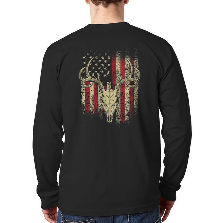 Deer Hunters Deer Skull On American Flag Back Print Long Sleeve T-shirt