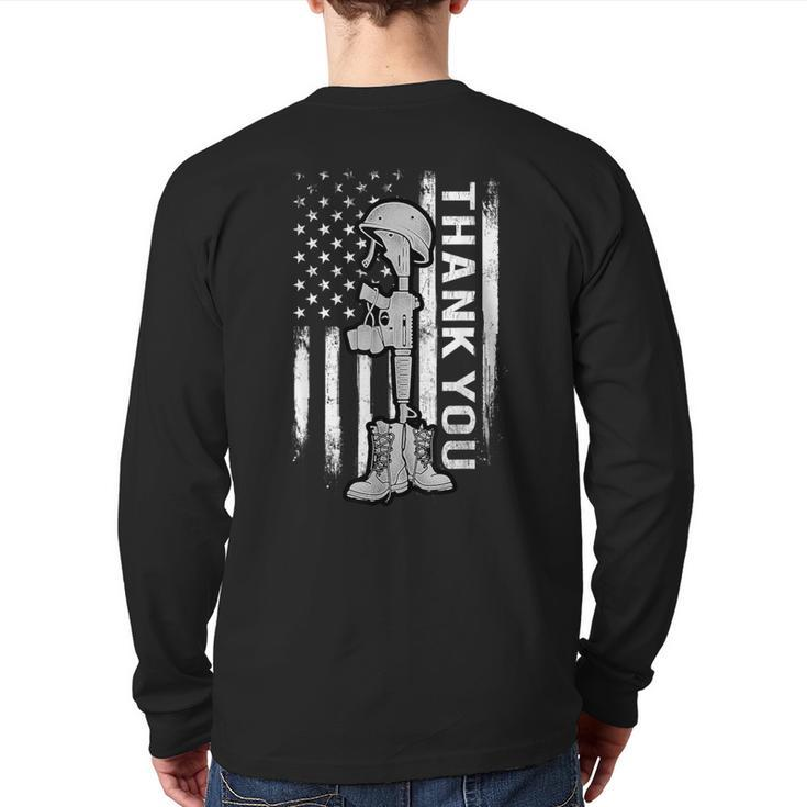 Distressed Memorial Day Flag Military Boots Dog Tags Back Print Long Sleeve T-shirt