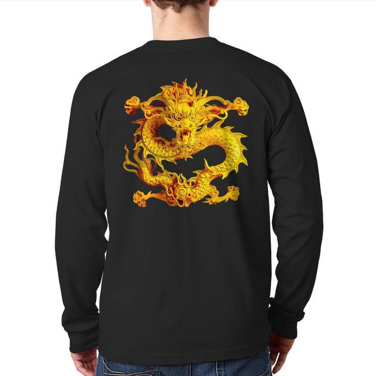 Fearless Golden Chinese Dragon Silhouette 3D Effect Back Print Long Sleeve T-shirt