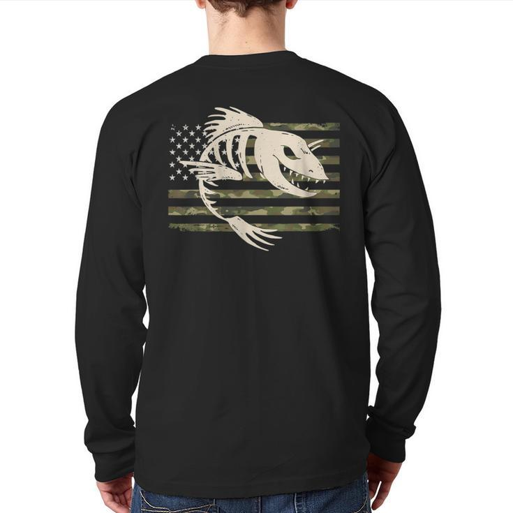 Fish Bones Skeleton Camo Us American Flag Camouflage Fishing Back Print Long Sleeve T-shirt