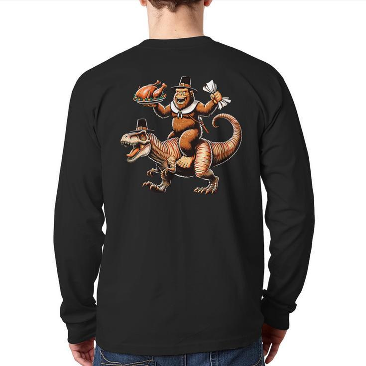 Bigfoot Riding T-Rex Vintage Thanksgiving Turkey Day Back Print Long Sleeve T-shirt