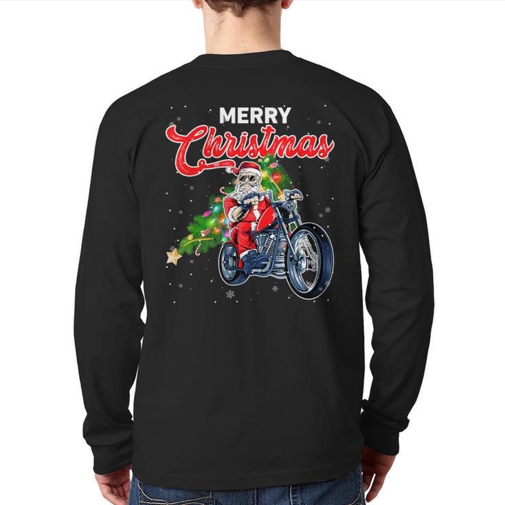 Santa Claus With Motorcycle Xmas Tree Merry Christmas Back Print Long Sleeve T-shirt