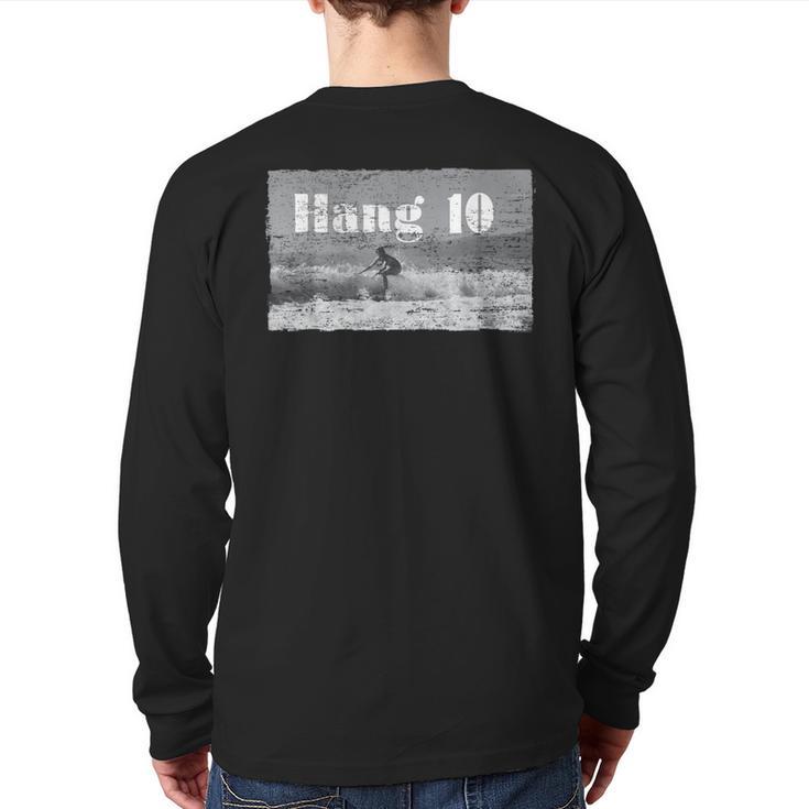 Hang 10 Surfer Riding Wave Retro Distressed Back Print Long Sleeve T-shirt