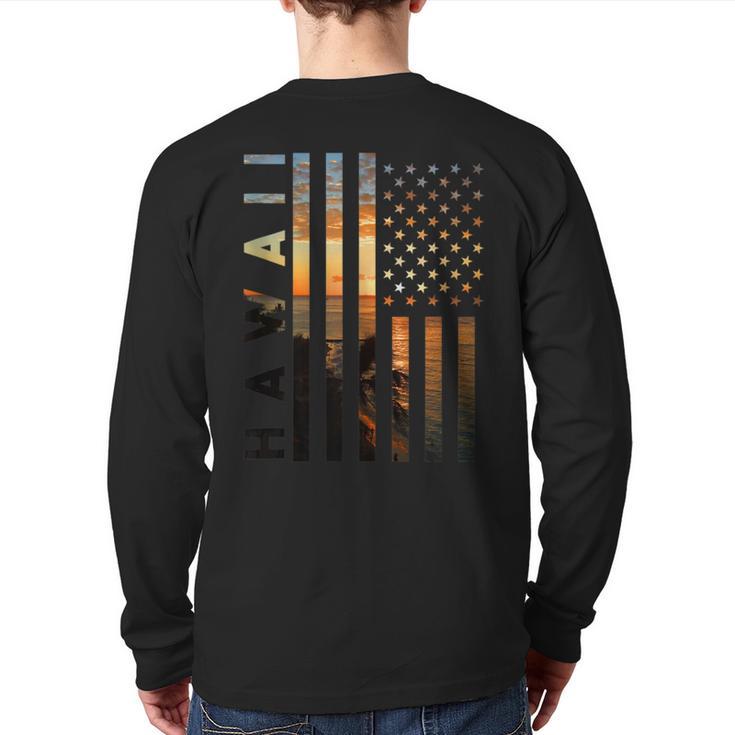 Hawaii Sunset American Flag Honolulu Hawaiian Island Back Print Long Sleeve T-shirt