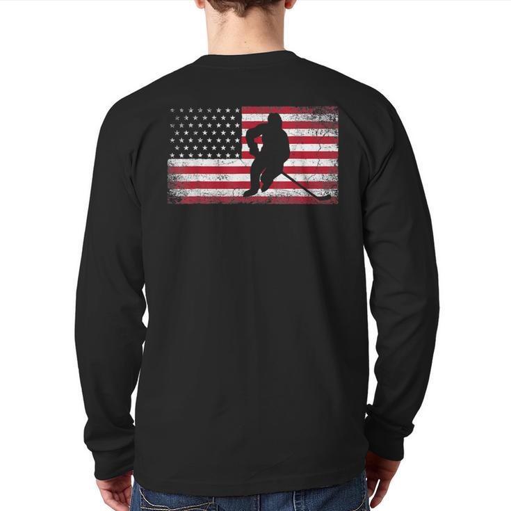 Hockey American Flag 4Th Of July Patriotic Usa Dad Men Son Back Print Long Sleeve T-shirt
