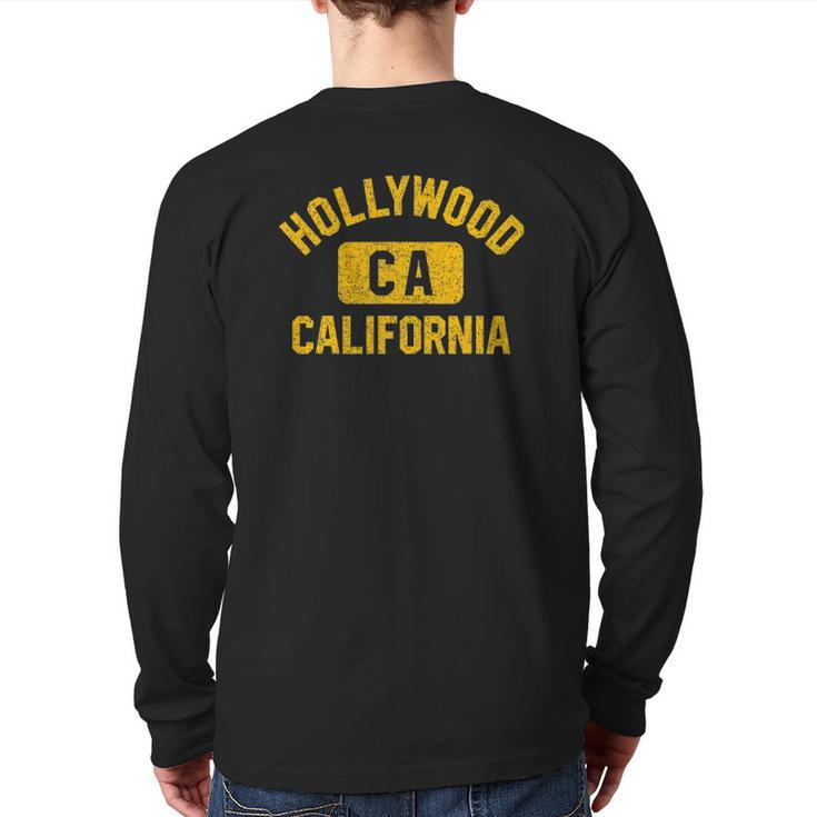 Hollywood Ca California Gym Style Distressed Amber Print Back Print Long Sleeve T-shirt